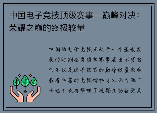 中国电子竞技顶级赛事—巅峰对决：荣耀之巅的终极较量